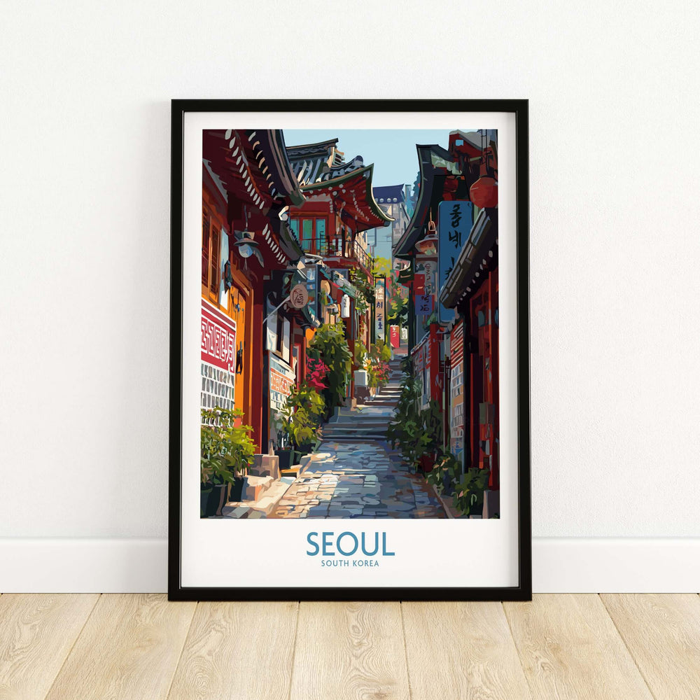 Seoul South Korea Bukchon Hanok Village poster showcasing traditional architecture and vibrant street scene.