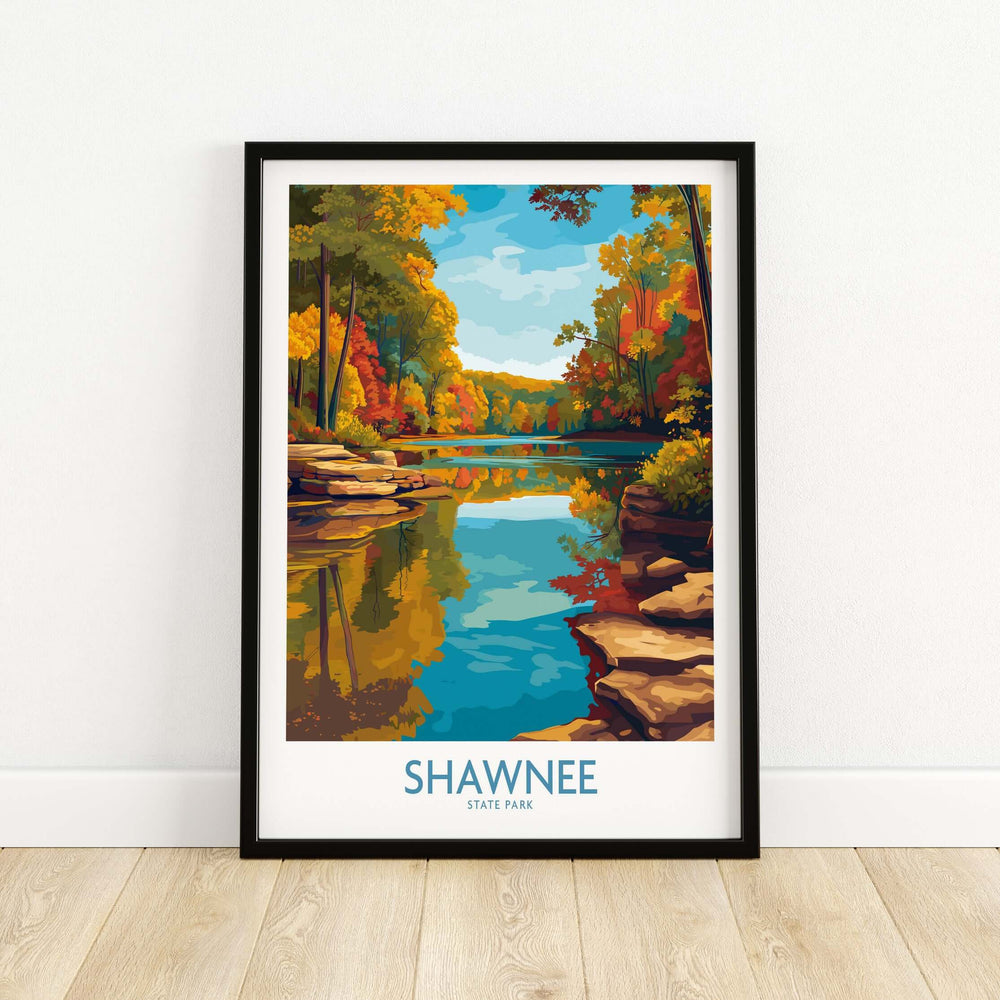 Shawnee State Park colorful trees landscape poster with vibrant foliage and serene river reflection.