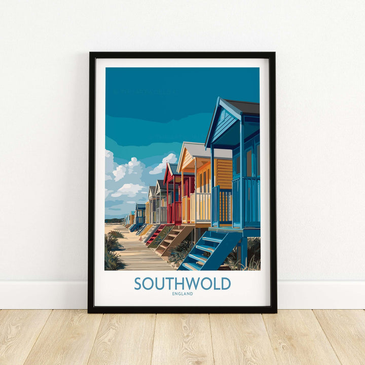 Southwold England seaside poster featuring colorful beach huts and vibrant coastal sky decor.