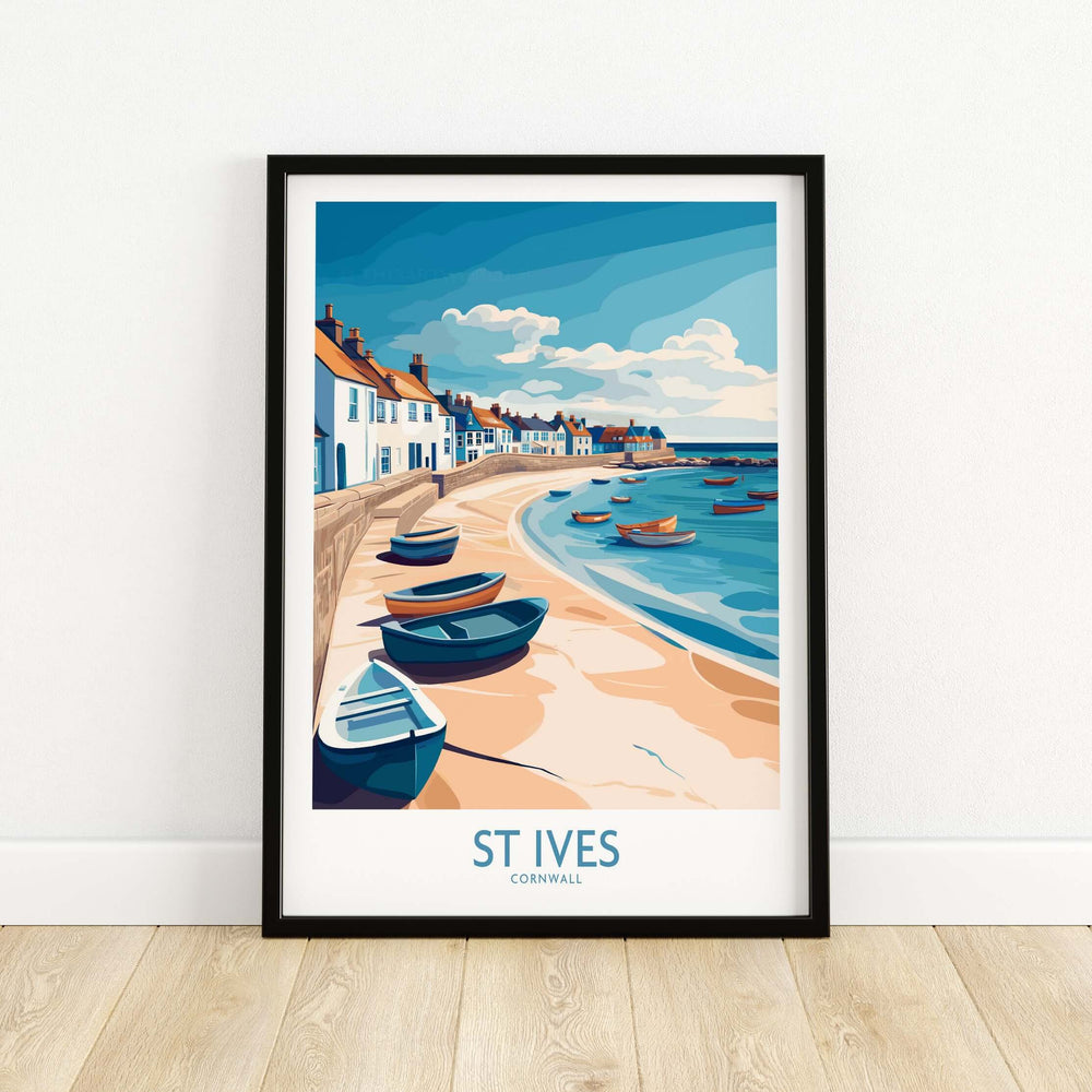 St Ives Cornish Harbor wall art featuring colorful boats and coastal scenery of Cornwall.