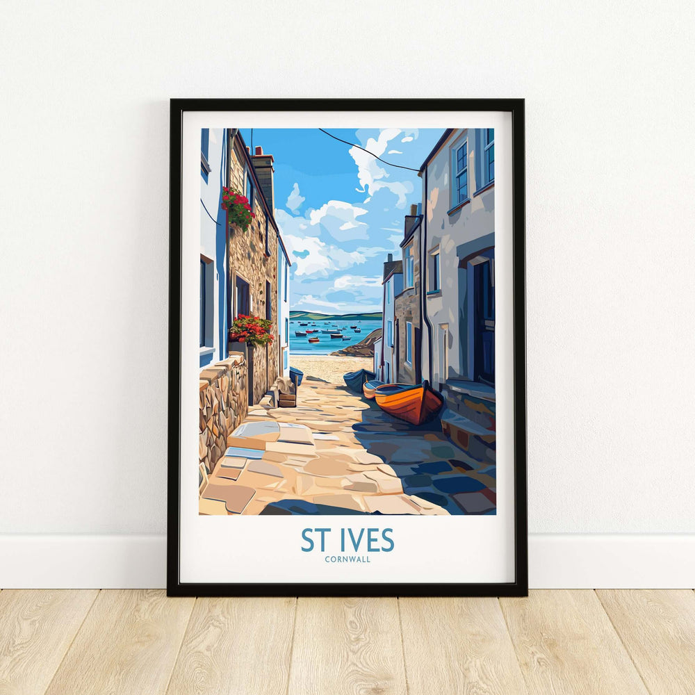 St Ives Cornwall wall art featuring harbor, cobblestone streets, and coastal village charm.