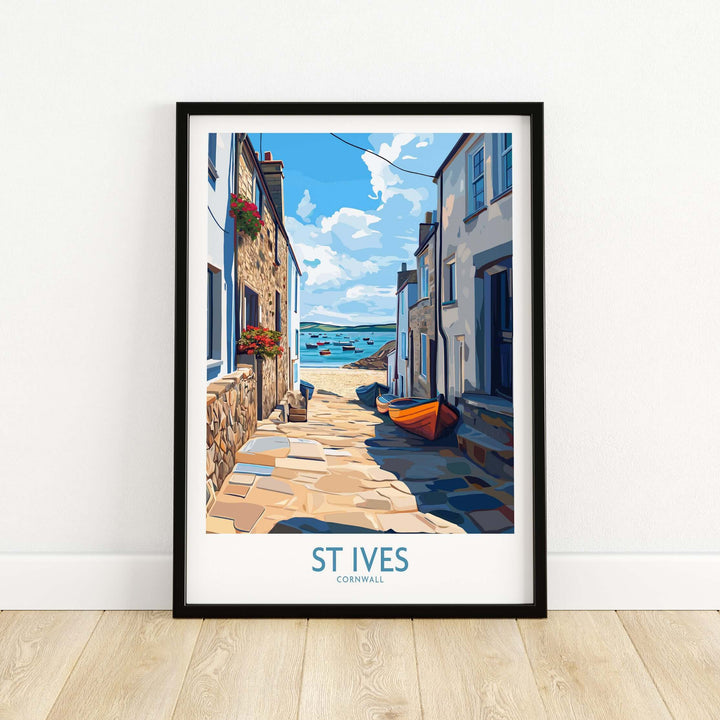 St Ives Cornwall wall art featuring harbor, cobblestone streets, and coastal village charm.