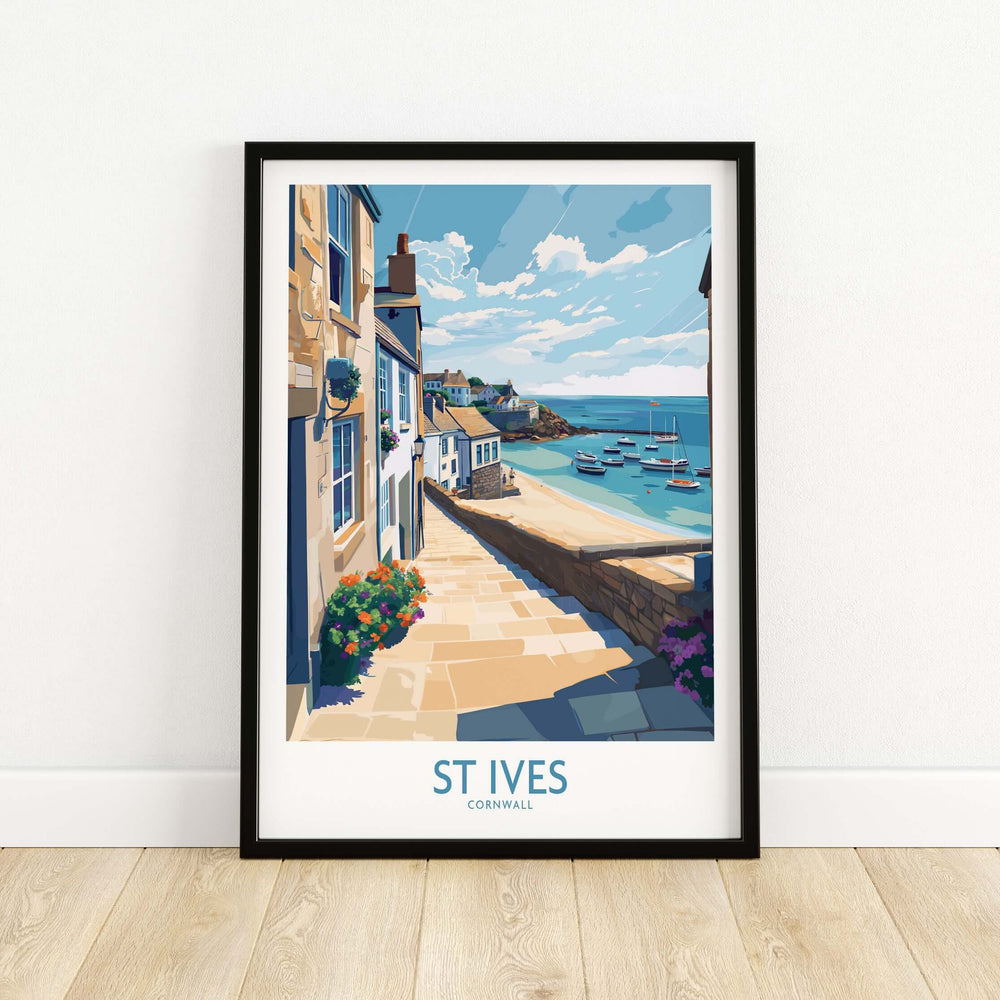 St Ives Cornwall coastal alleyway wall art showcasing a picturesque seaside view with boats and vibrant flowers.