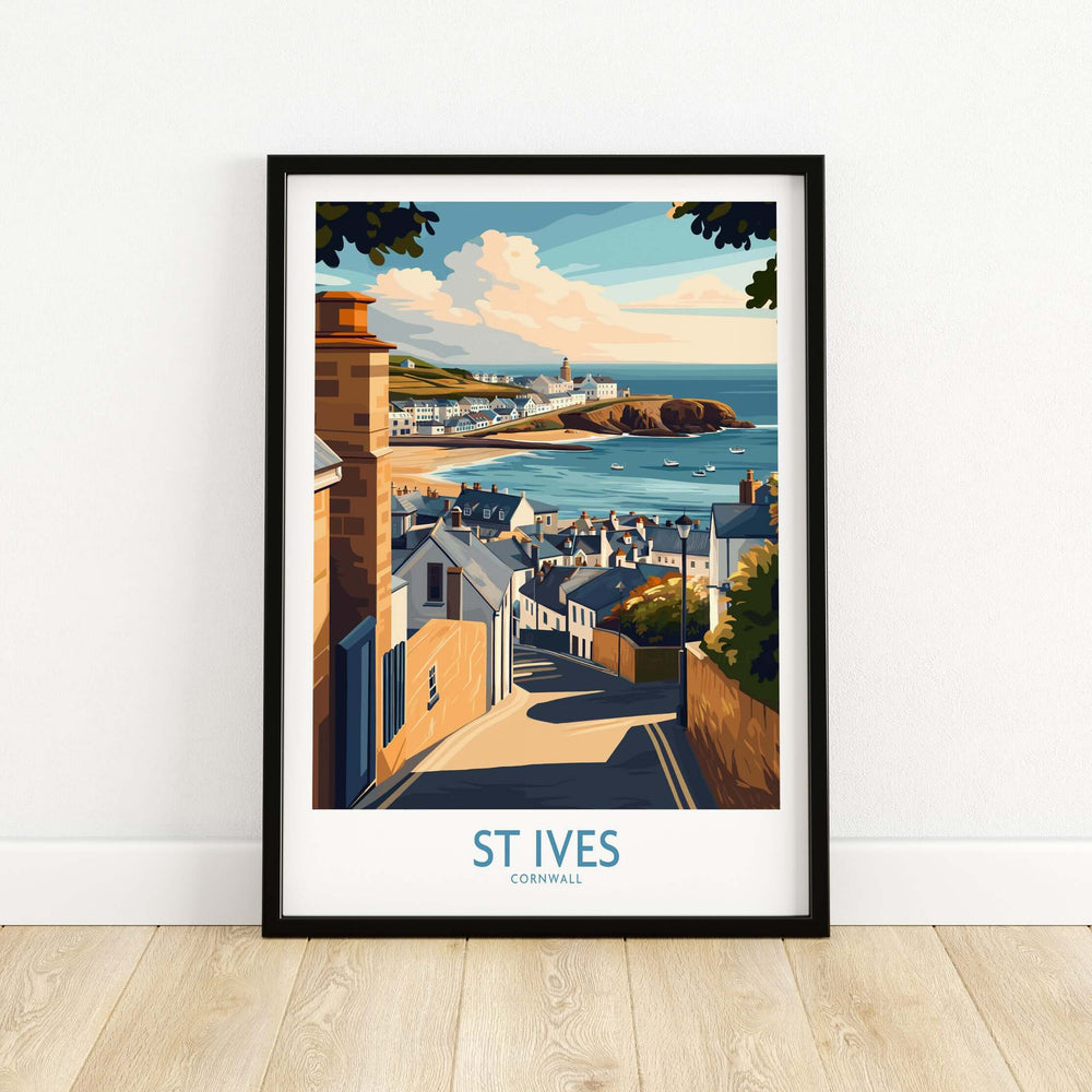 St Ives Cornwall seaside street poster featuring coastal village and charming cottages.