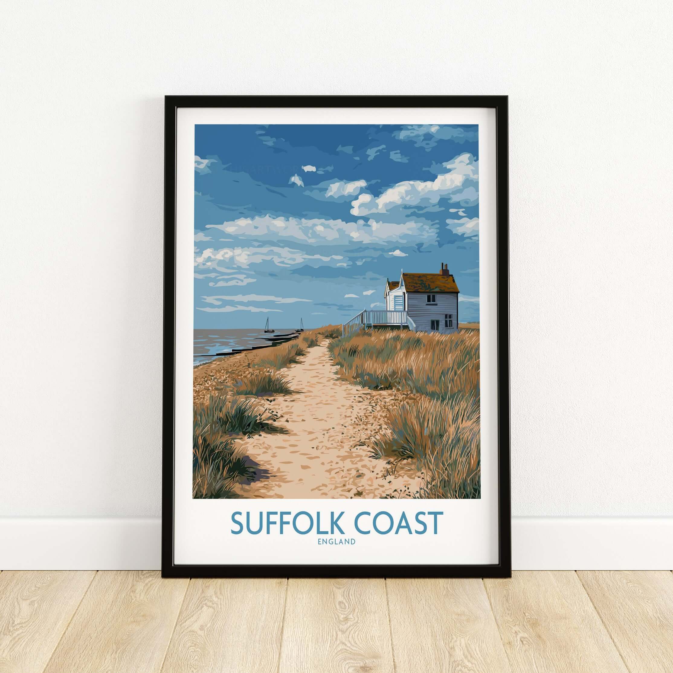 Suffolk Coast England English Shoreline Poster - Rural Landscape Travel Decor featuring a serene coastal path and house.
