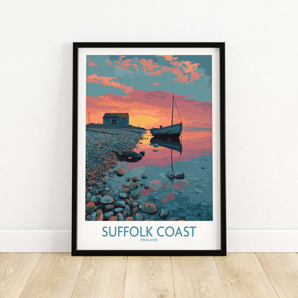 Suffolk Coast poster featuring a tranquil evening seascape with a boat and cottage, perfect for home décor.