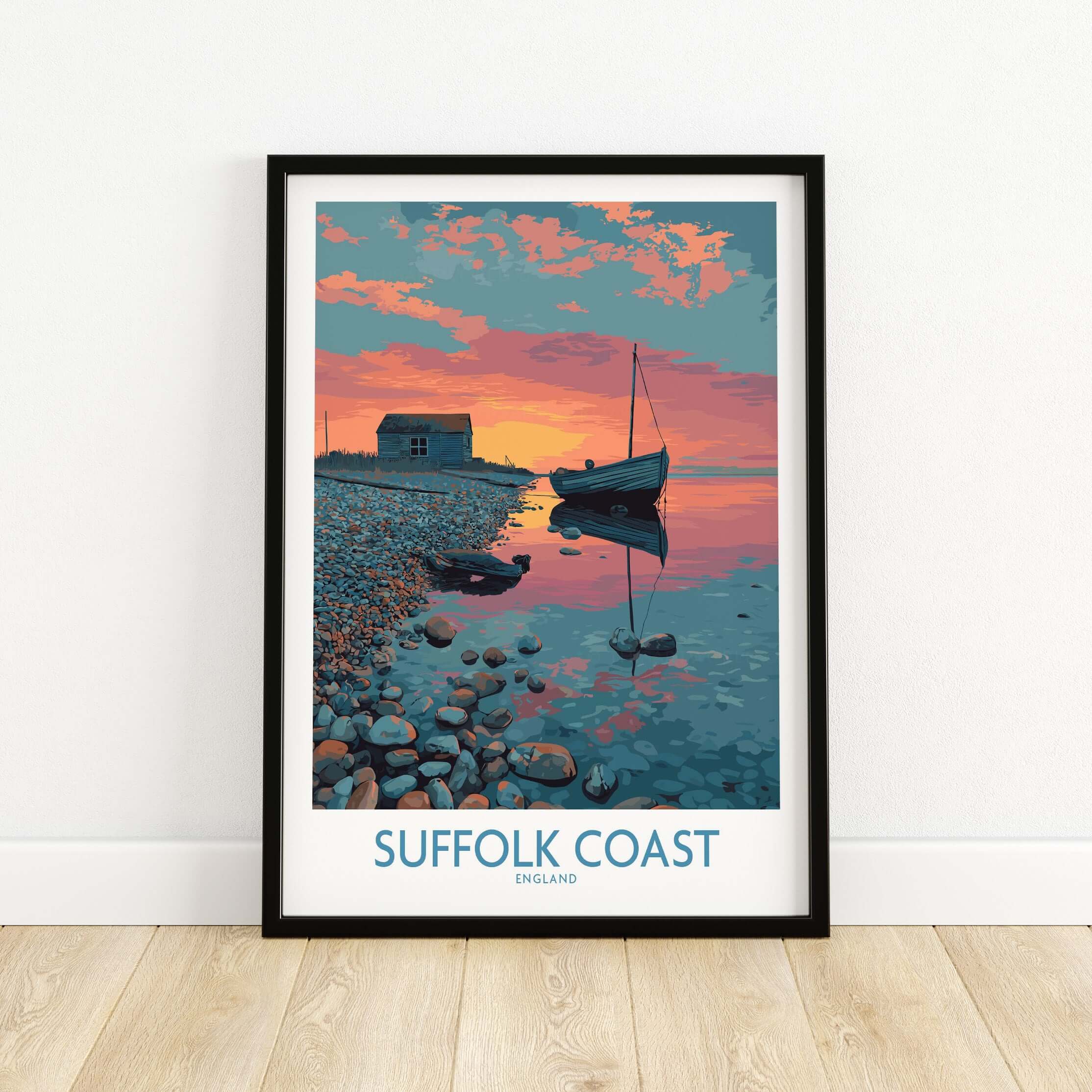 Suffolk Coast Poster England Tranquil Evening Seascape - UK Travel Print showcasing a serene coastal sunset.