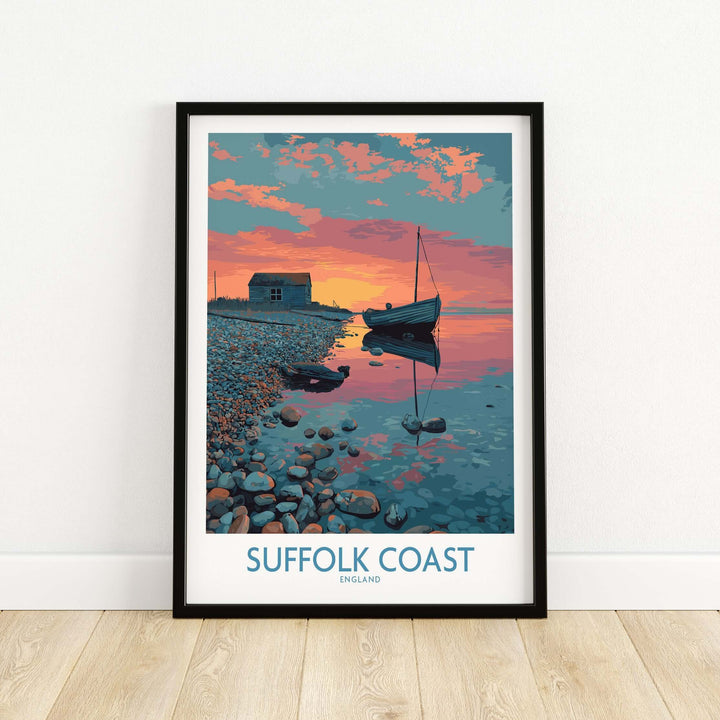 Suffolk Coast poster featuring a tranquil evening seascape with a boat and cottage, perfect for home décor.