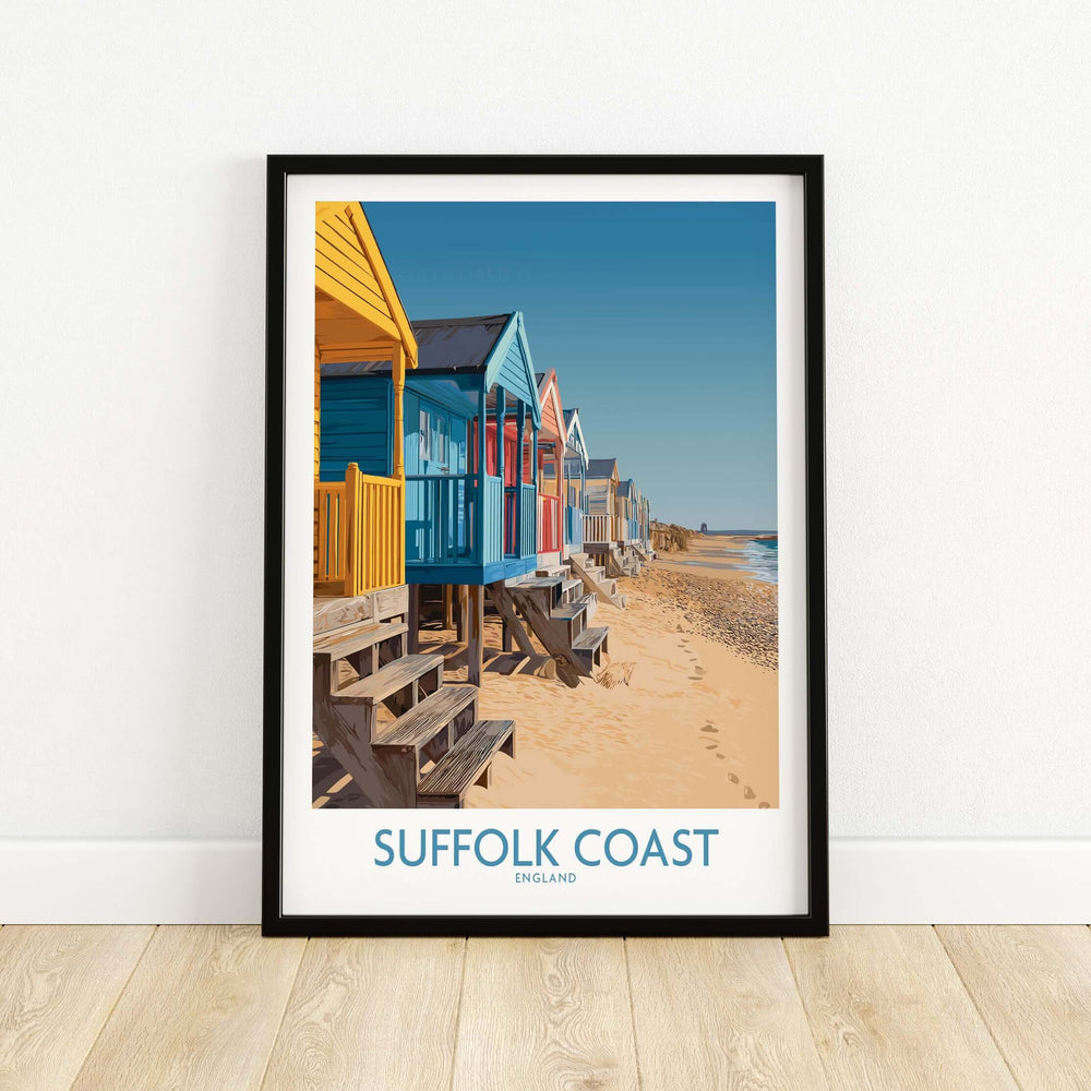 Bright beach huts along the Suffolk Coast in England, perfect for coastal travel decor.