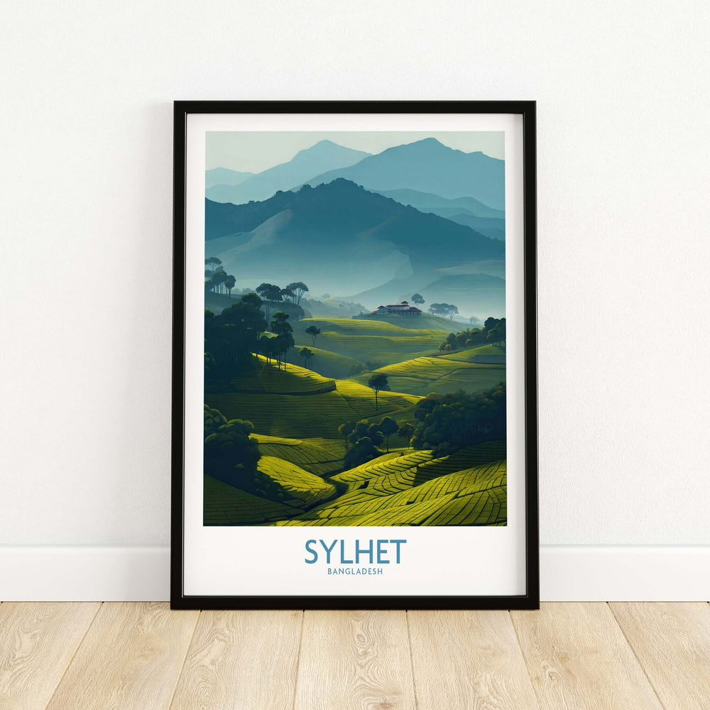 Sylhet Bangladesh poster featuring lush tea plantation fields and rolling hills in serene nature-inspired artwork.