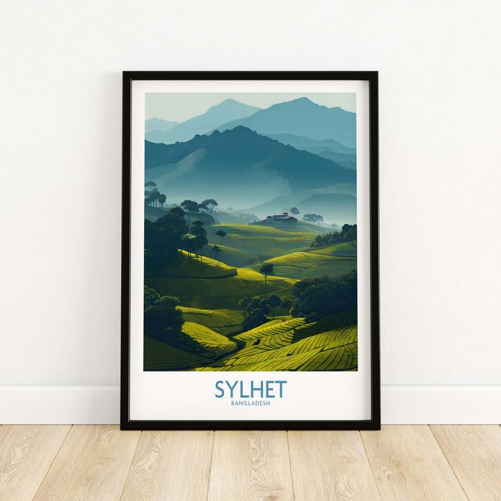 Sylhet Bangladesh poster featuring lush tea plantation fields and rolling hills in serene nature-inspired artwork.