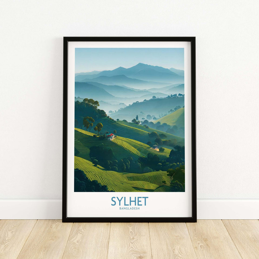 Sylhet Bangladesh tea plantation wall art with serene green hills and mountains, perfect for travel-inspired home decor.