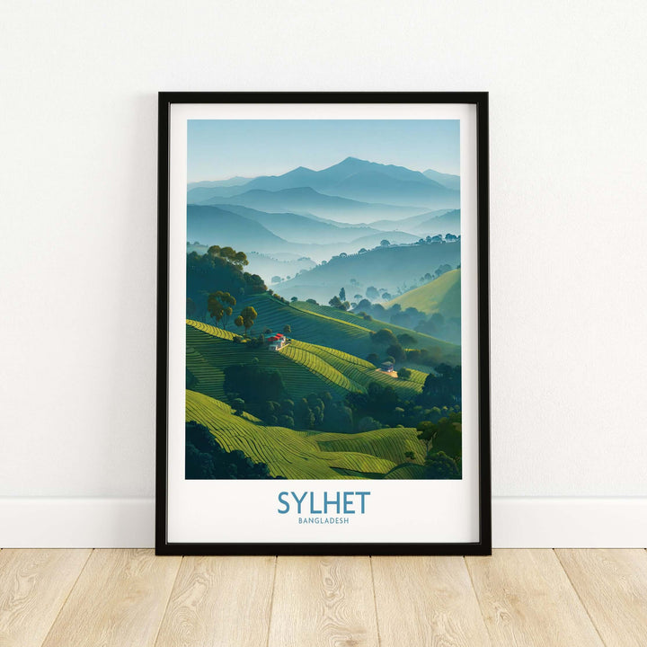 Sylhet Bangladesh tea plantation wall art with serene green hills and mountains, perfect for travel-inspired home decor.