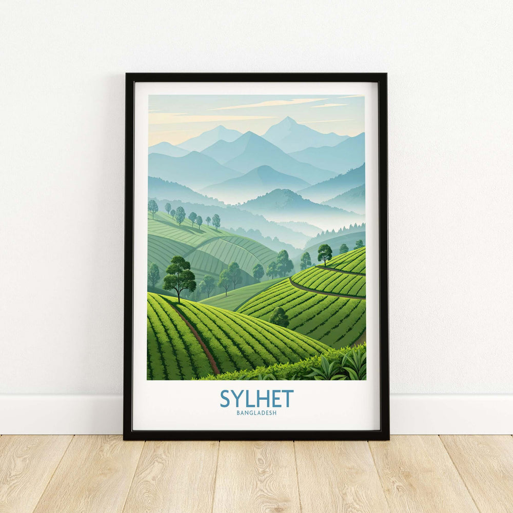 Sylhet Bangladesh wall art featuring scenic tea plantations and mountains in soothing greens and blues.
