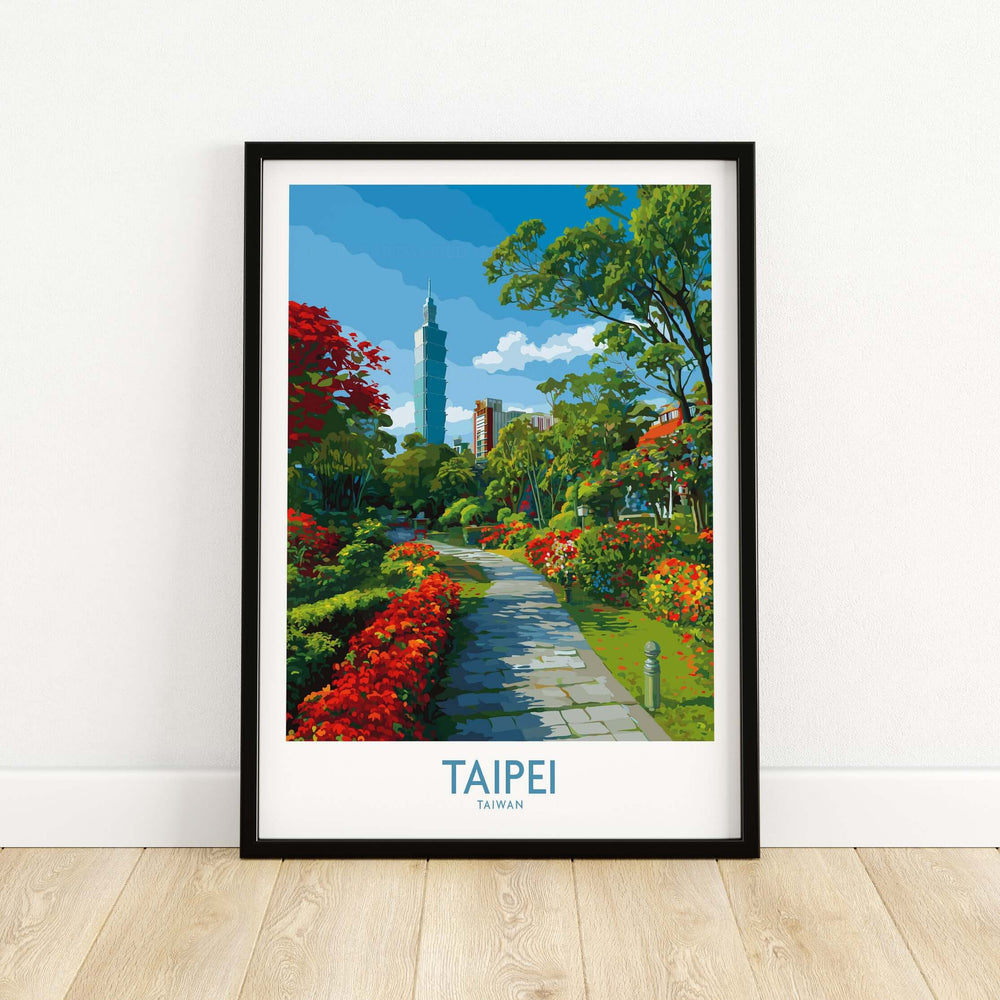 Taipei 101 Park view print showcasing vibrant greenery and flowers in an urban setting, perfect for home decor.