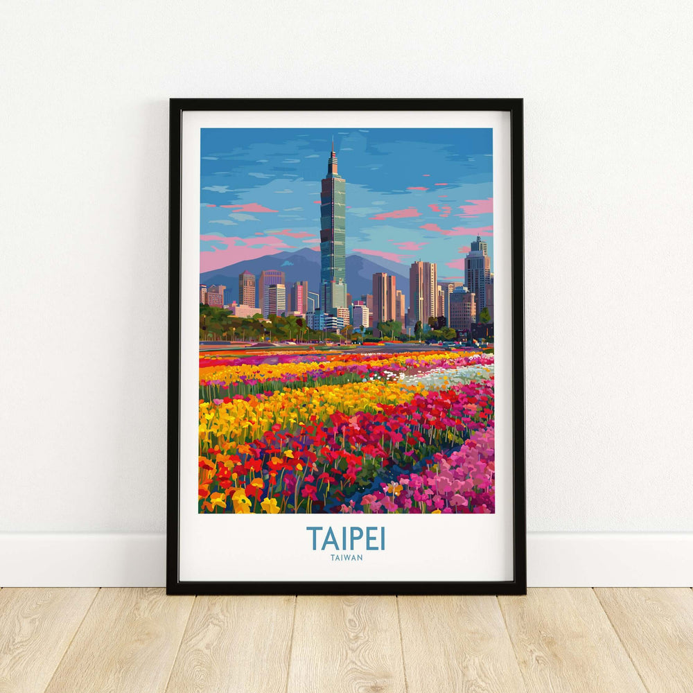 Vibrant Taipei Taiwan poster featuring city skyline and colorful flower fields, ideal for modern urban decor.