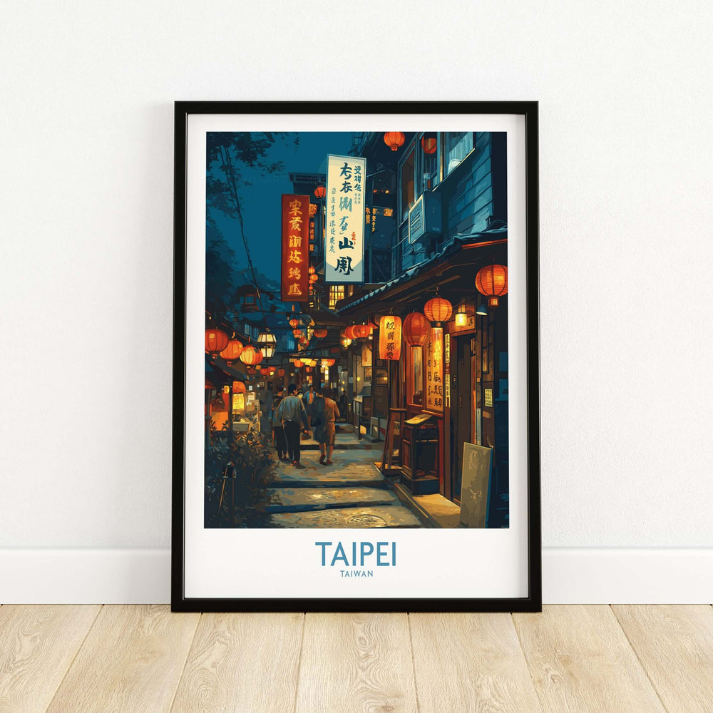 Taipei Taiwan illuminated market poster showcasing vibrant city life and street lanterns.