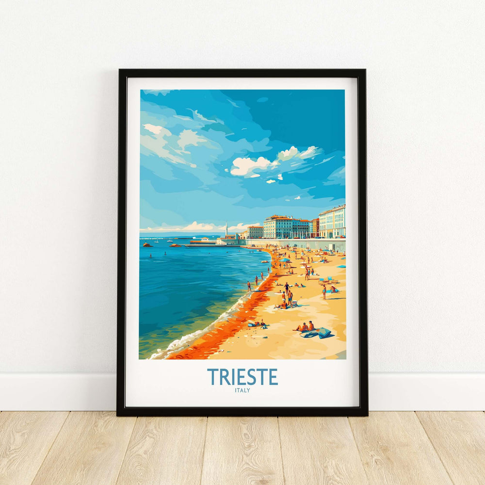 Trieste Italy poster showcasing coastal beauty and vibrant beach scene, perfect for travel enthusiasts.