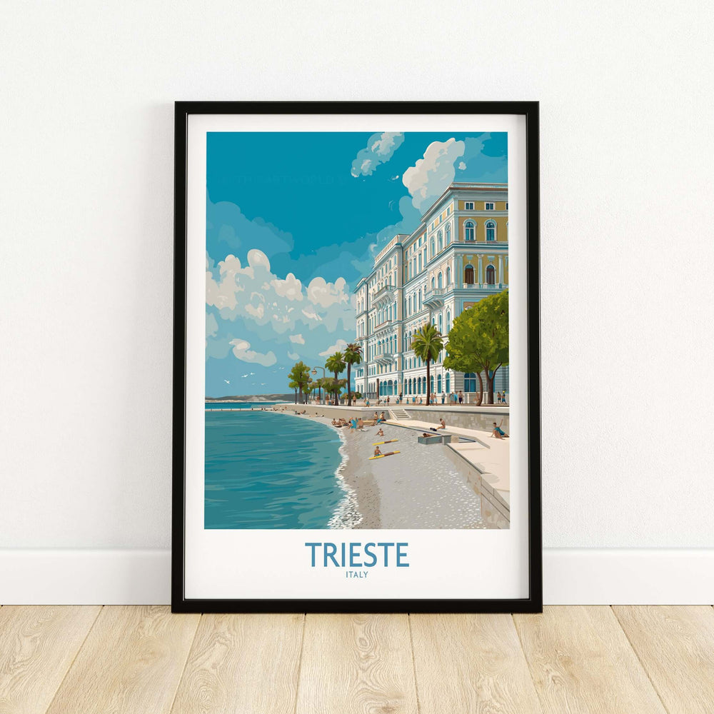 Trieste Italy seafront poster featuring coastal views and vibrant atmosphere, ideal for home decor.