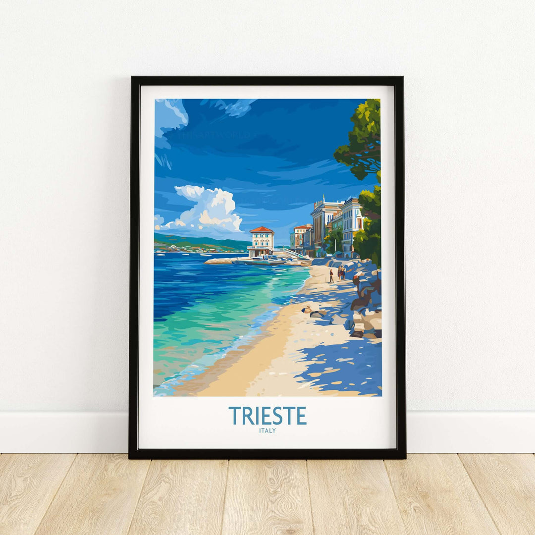 Colorful Trieste Italy beach poster showcasing a serene coastline and charming seaside architecture.
