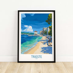 Trieste Italy Beach Poster - Mediterranean Travel Print showcasing vibrant coastline and charming seaside atmosphere.