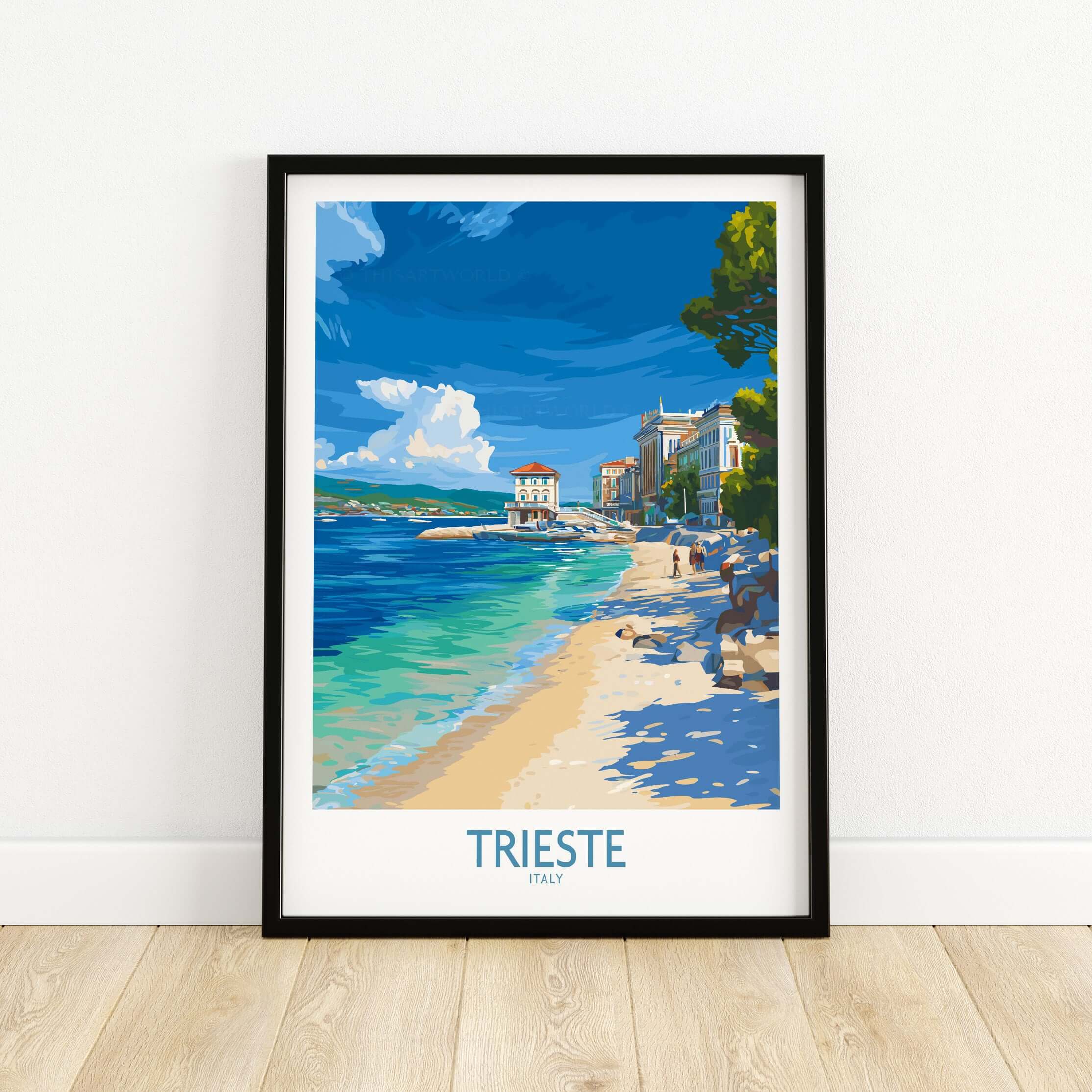 Trieste Italy Beach Poster - Mediterranean Travel Print showcasing vibrant coastline and charming seaside atmosphere.