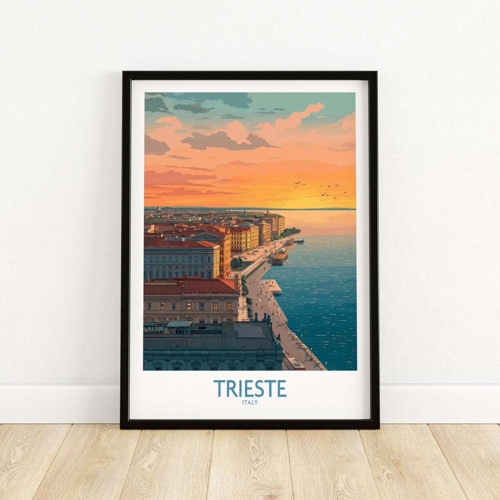 Trieste Italy wall art print showcasing a colorful sunset over the serene waterfront and cityscape.