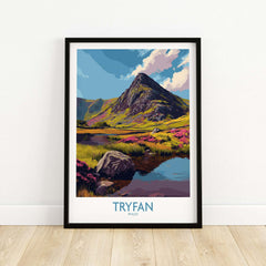 Tryfan Wales Heather Fields Peak Poster - Welsh Wilderness Decor featuring vibrant heather fields and rugged peaks.