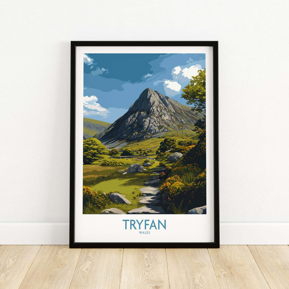 Tryfan wall art depicting a scenic hiking trail in Snowdonia National Park, Wales. Perfect for nature lovers.