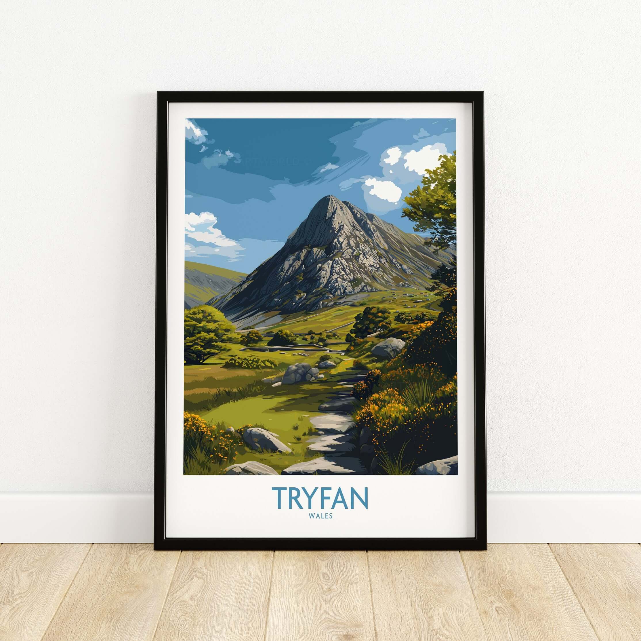 Tryfan Wall Art Wales Hiking Trail - Snowdonia National Park Decor framed artwork depicting a scenic mountain landscape.