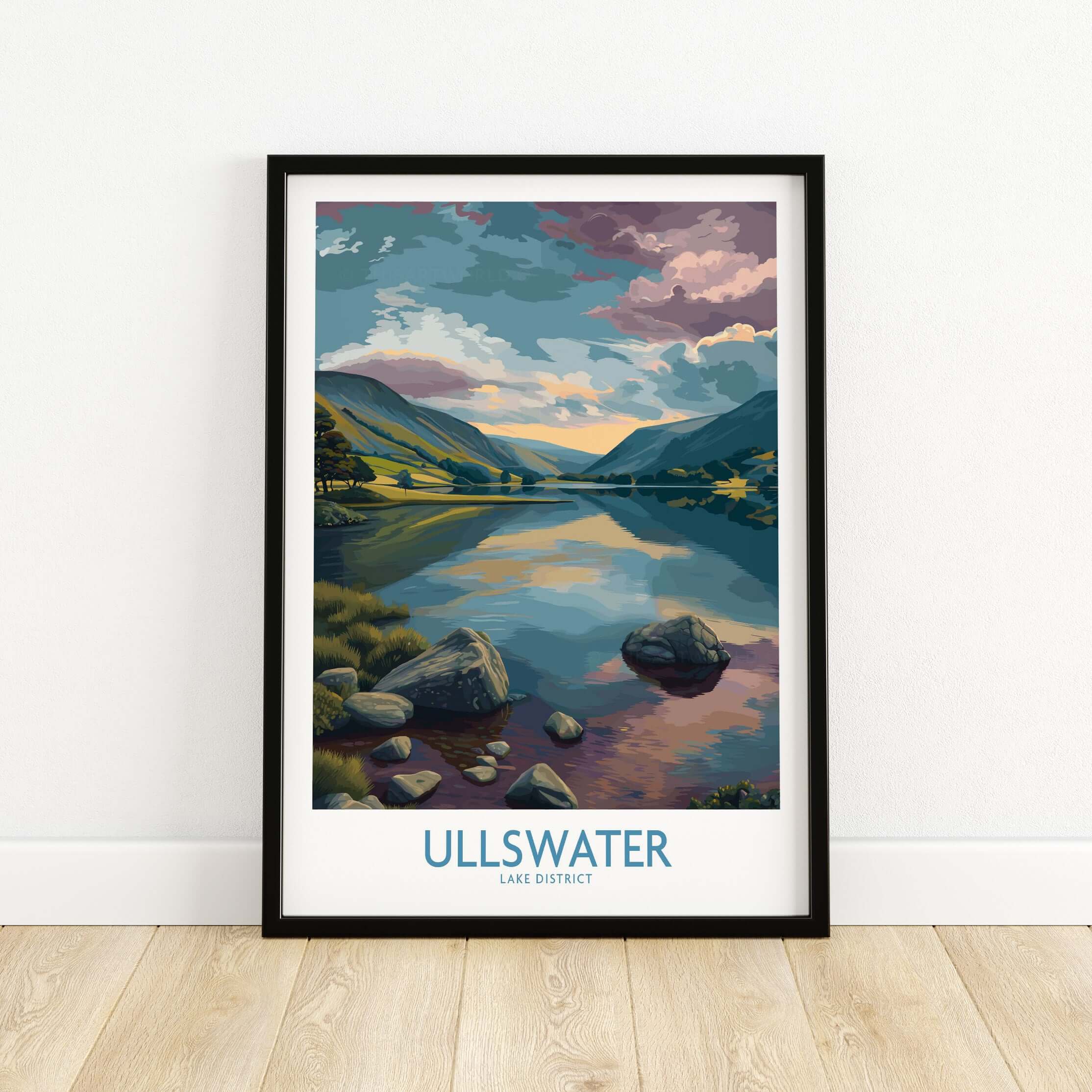 Ullswater Lake District Tranquil Lake View Poster - Scenic UK Landscape Decor with vibrant colors and serene lake reflection.
