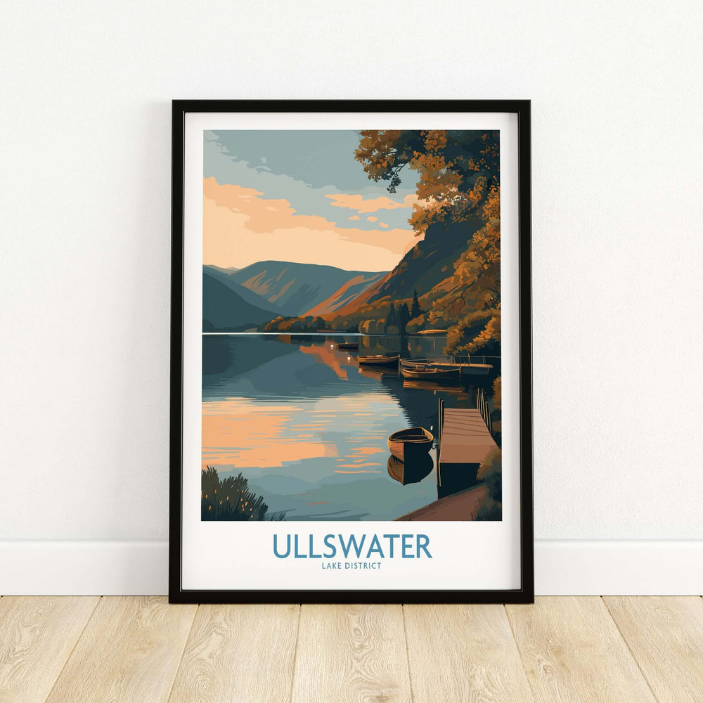 Ullswater Lake District wall art featuring tranquil sunset over moorings and reflections in calm waters.