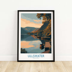 Ullswater Lake District Boat Moorings Wall Art - English Countryside Decor framed art featuring tranquil lake and sunset.
