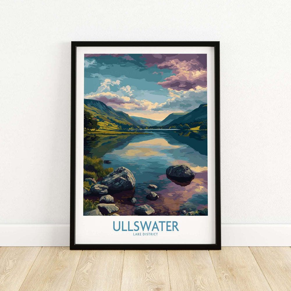 Ullswater Lake District rocky shoreline poster featuring serene lake reflections and mountains.