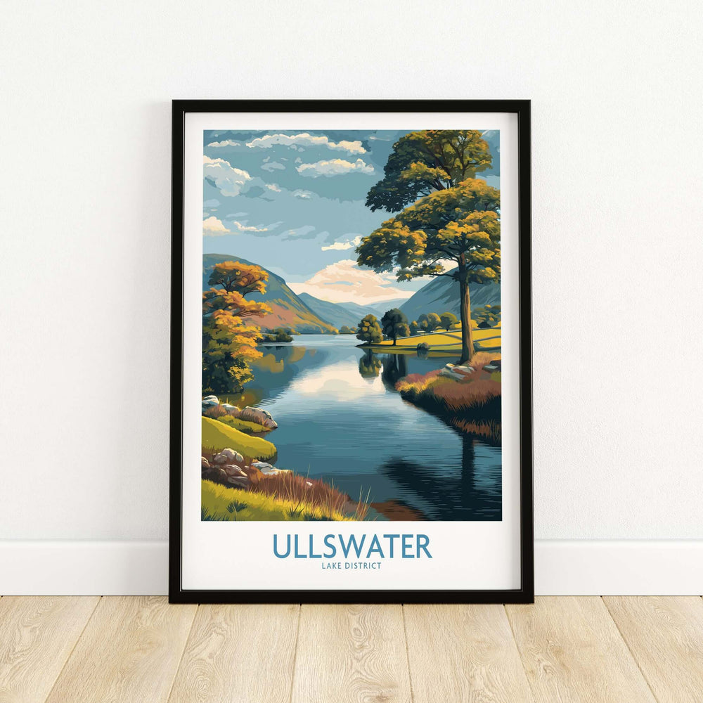 Ullswater Lake District autumn landscape wall art featuring serene trees and a reflective lake.