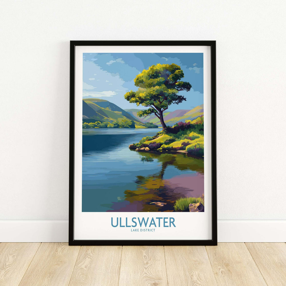 Ullswater Lake District poster featuring vibrant green hills and serene lake view, ideal for home decor.