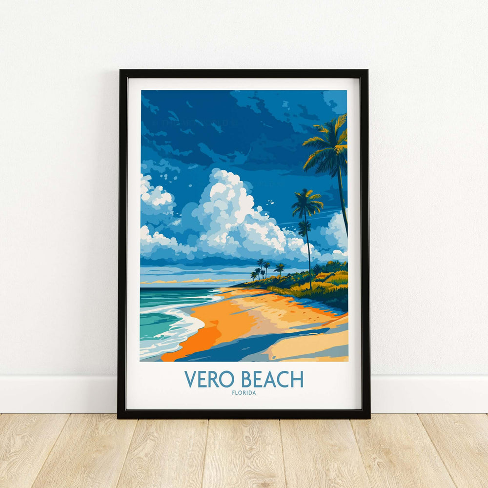 Vero Beach coastal landscape print showcasing vibrant beach scene in Florida with palm trees and blue skies.