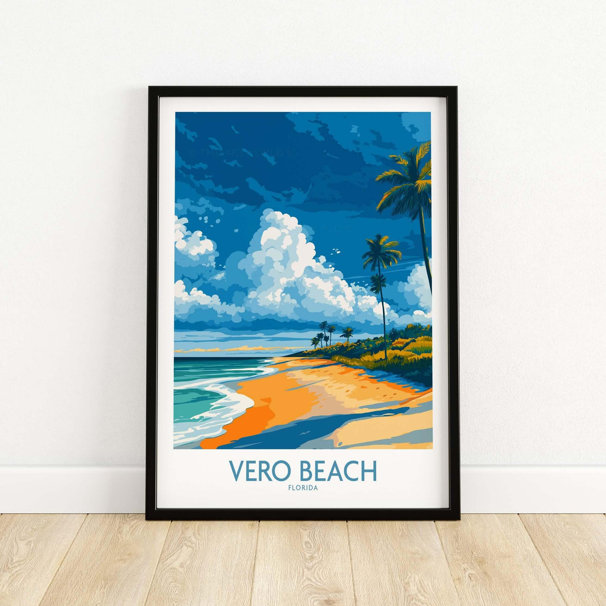 Vero Beach Sunny Coastal Landscape Print - Florida Travel Decor featuring a vibrant beach scene with palm trees.
