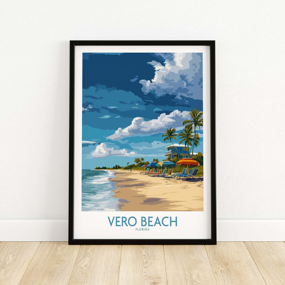 Vero Beach poster featuring umbrellas and sun loungers on the shore, capturing vibrant Florida vacation vibes.