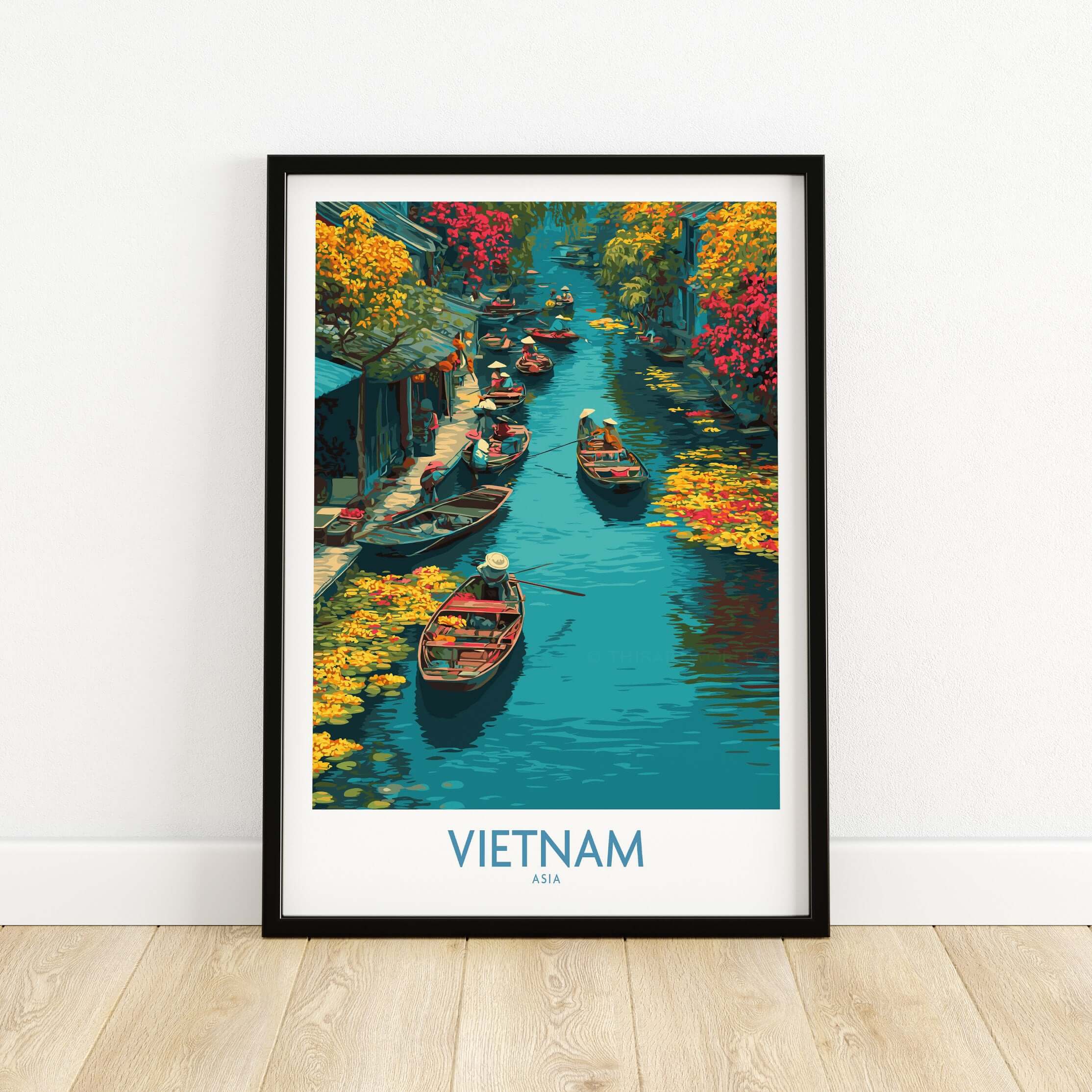 Vietnam Poster - Southeast Asia Travel Print featuring a vibrant canal scene with colorful boats and flowers.