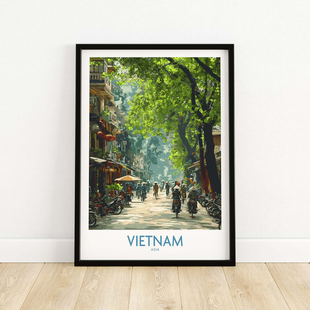 Vietnam print featuring a traditional Asian scene with vibrant street life and greenery in a stylish frame.