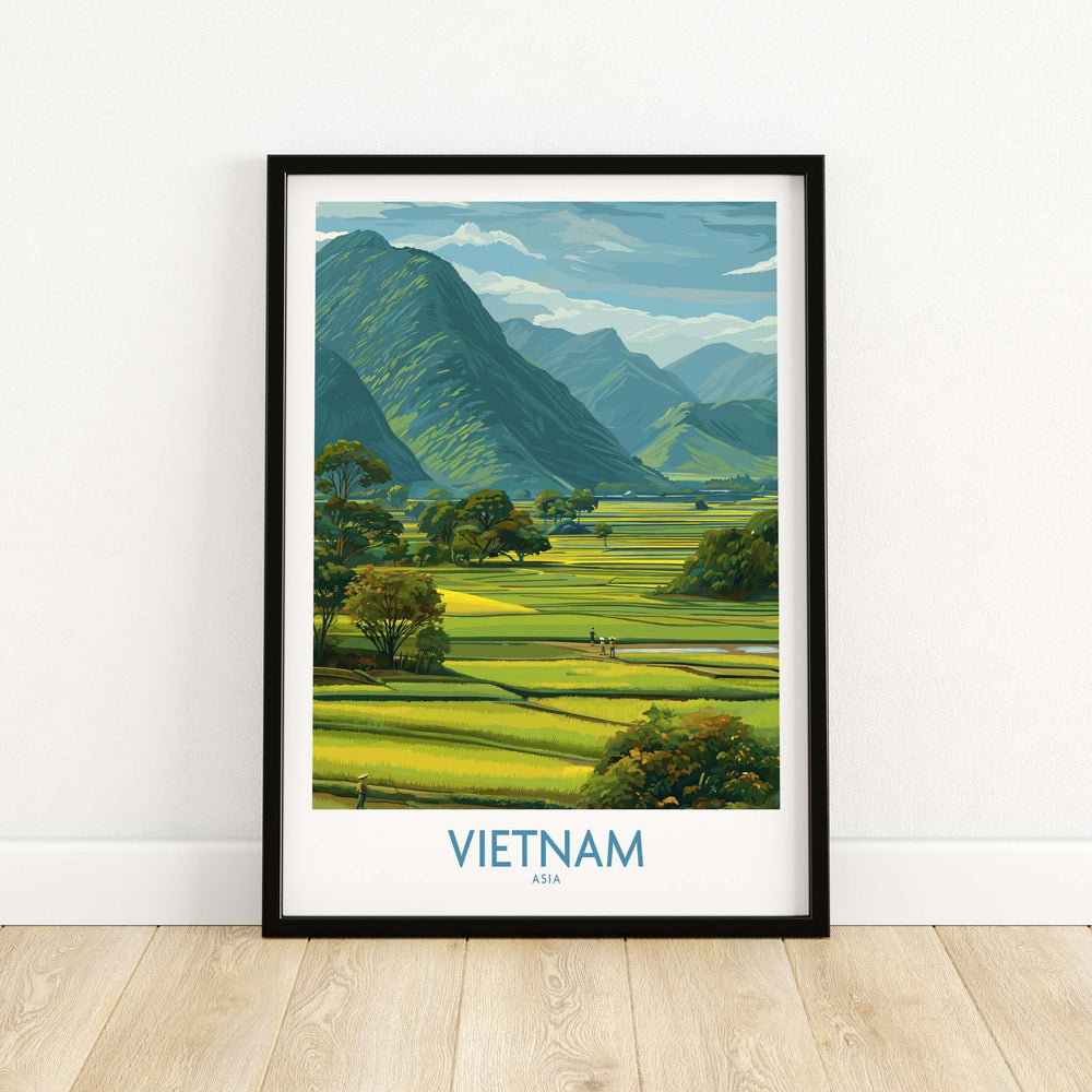Vietnam Wall Art print featuring lush green landscapes and mountains, perfect for travel and decor enthusiasts.