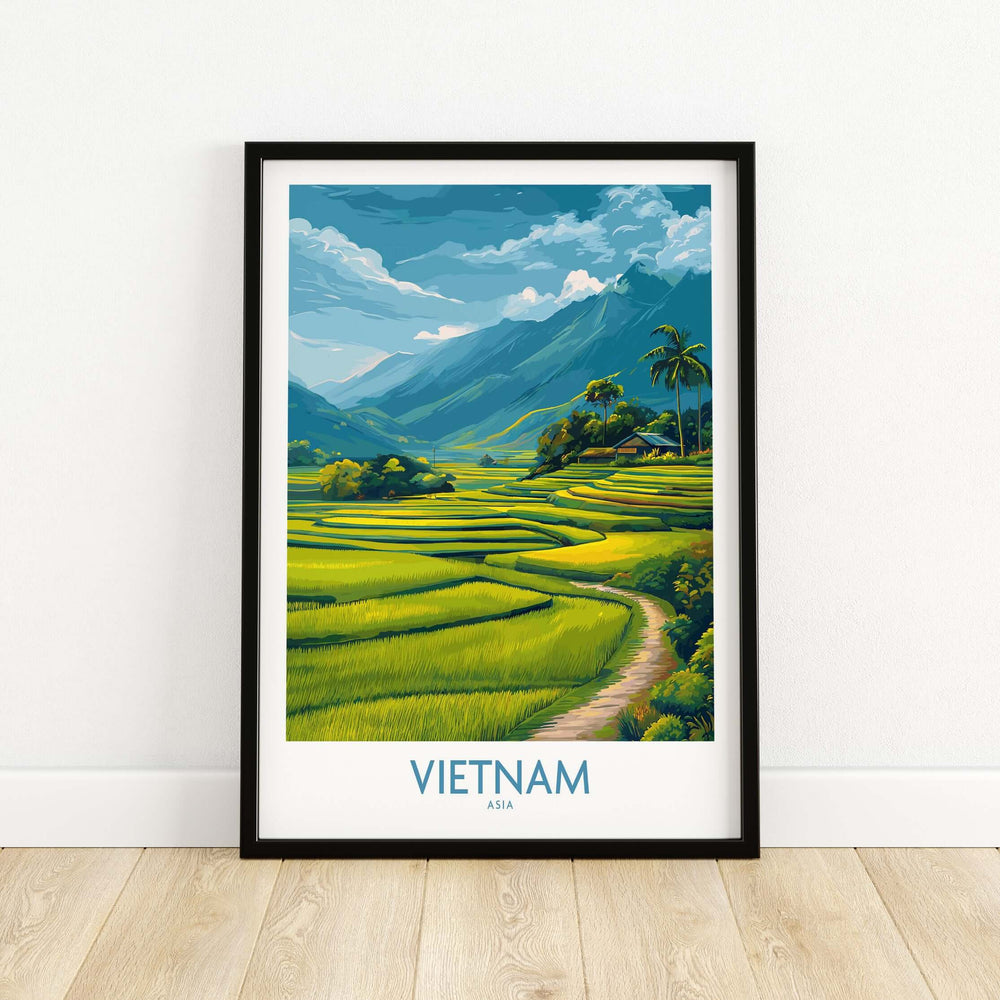 Vietnam art print featuring terraced rice fields and mountains under a blue sky, perfect for nature lovers.