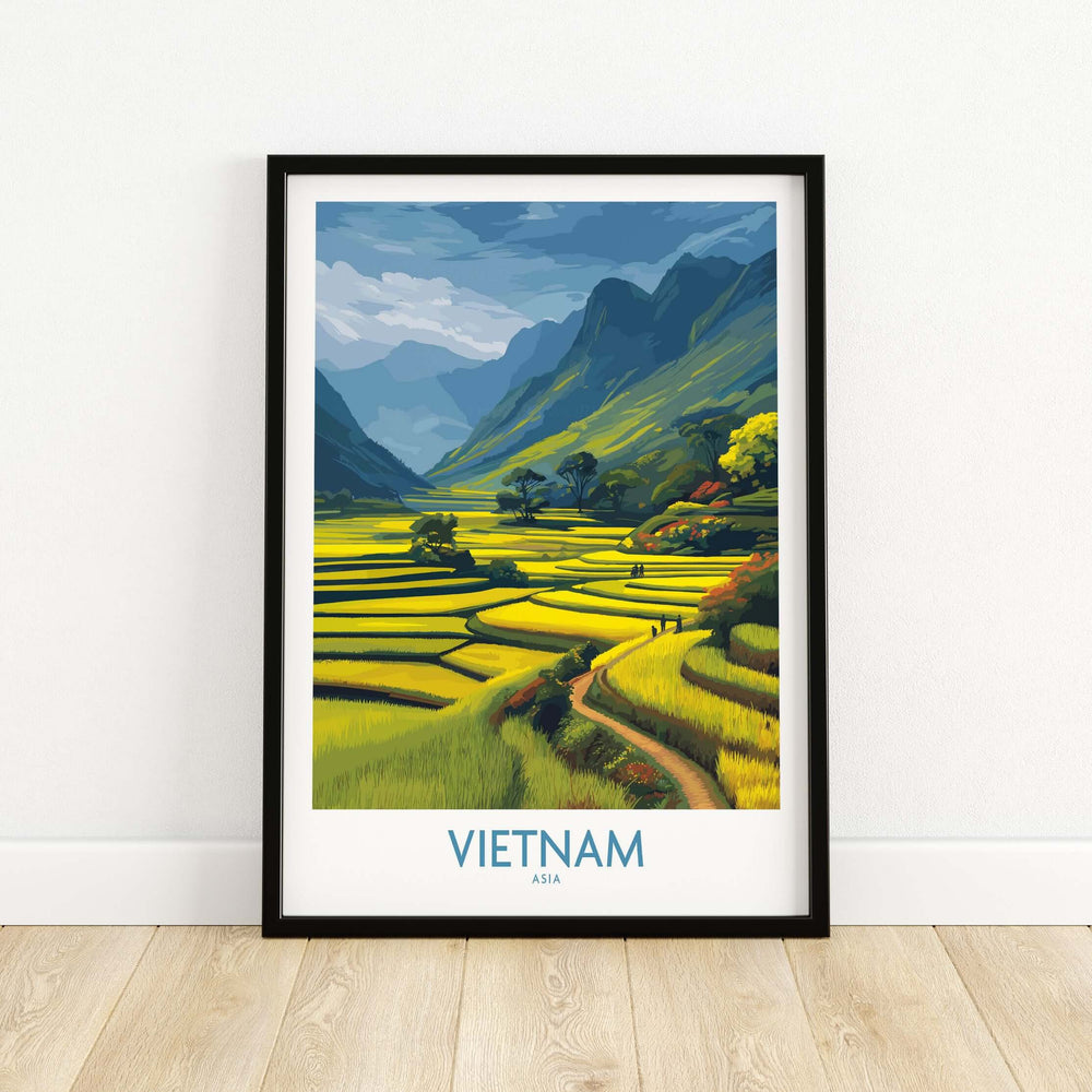 Vietnam wall art print featuring serene rural landscape with terraced fields and mountains.