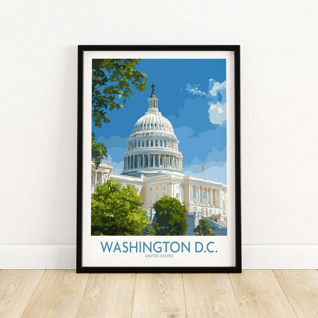 Framed Washington D.C. Capitol Hill poster featuring the iconic Capitol building and blue sky.