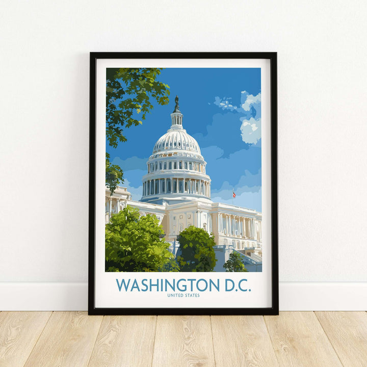 Framed Washington D.C. Capitol Hill poster featuring the iconic Capitol building and blue sky.