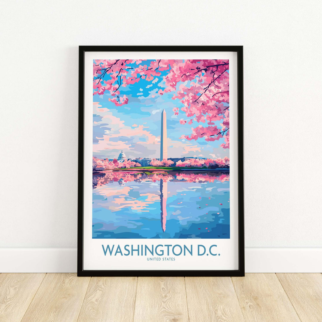 Washington D.C. wall art print featuring cherry blossoms and iconic monuments, vibrant travel decor.