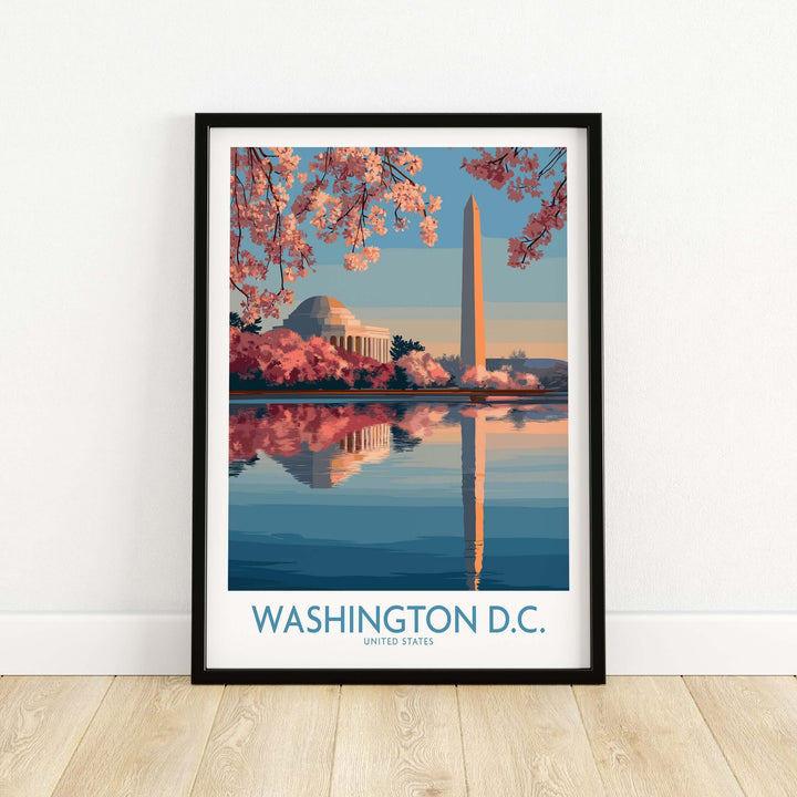 Washington D.C. cherry blossom poster featuring iconic landmarks and pink blooms reflecting in water.