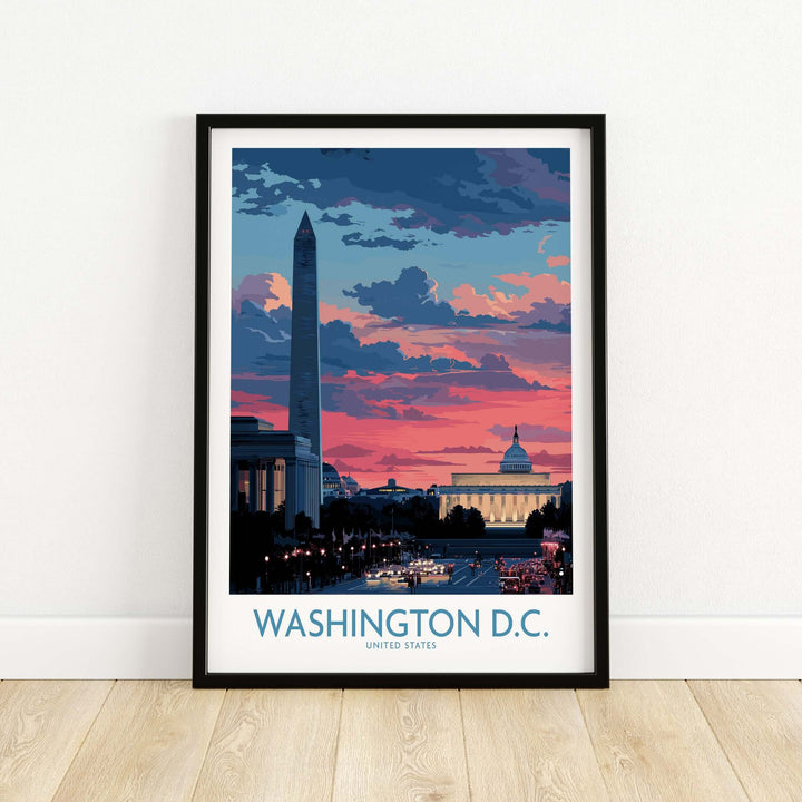 Washington D.C. urban sunset print featuring iconic skyline and vibrant colors