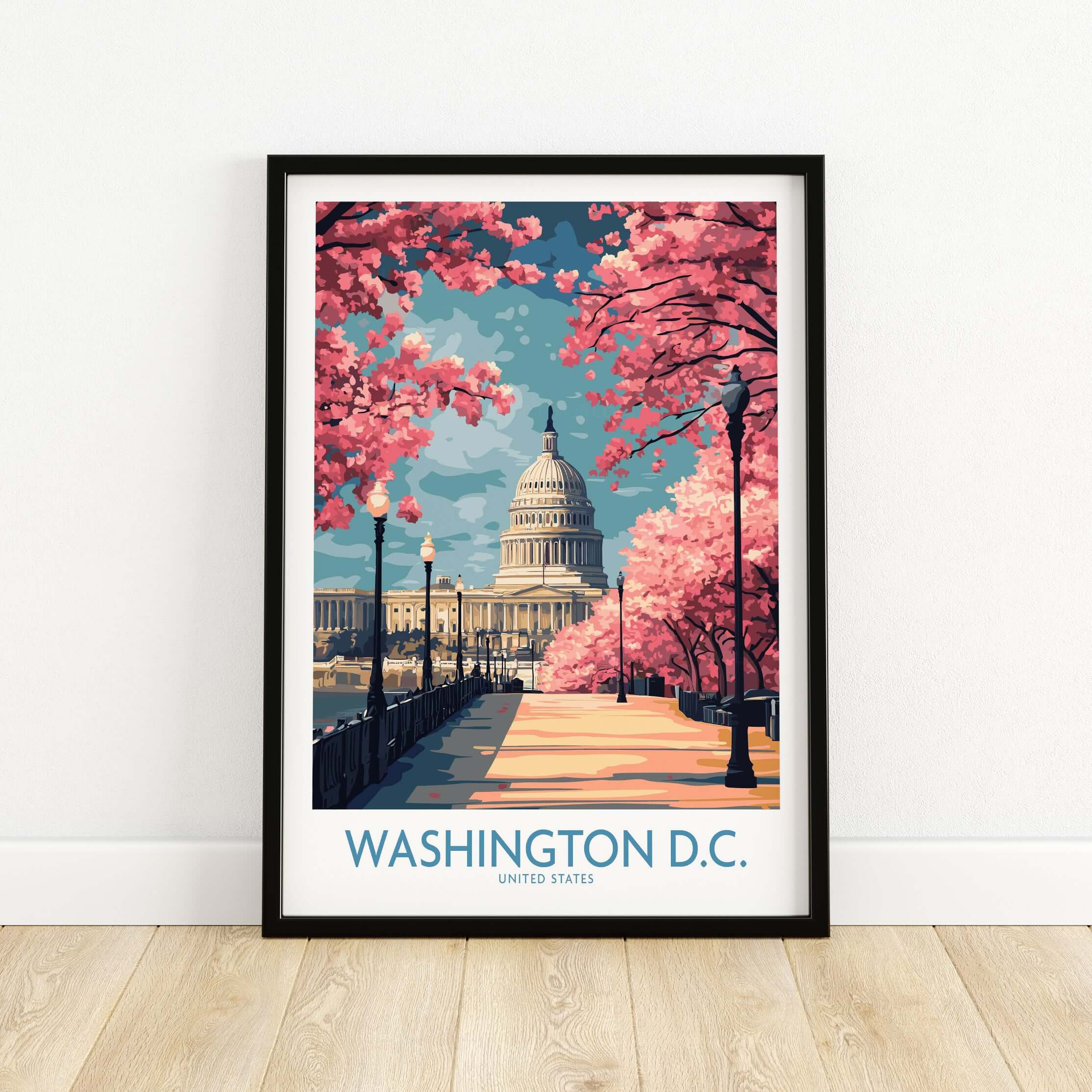 Washington D.C. US Capitol Wall Art - American Decor featuring cherry blossom trees and the Capitol building.